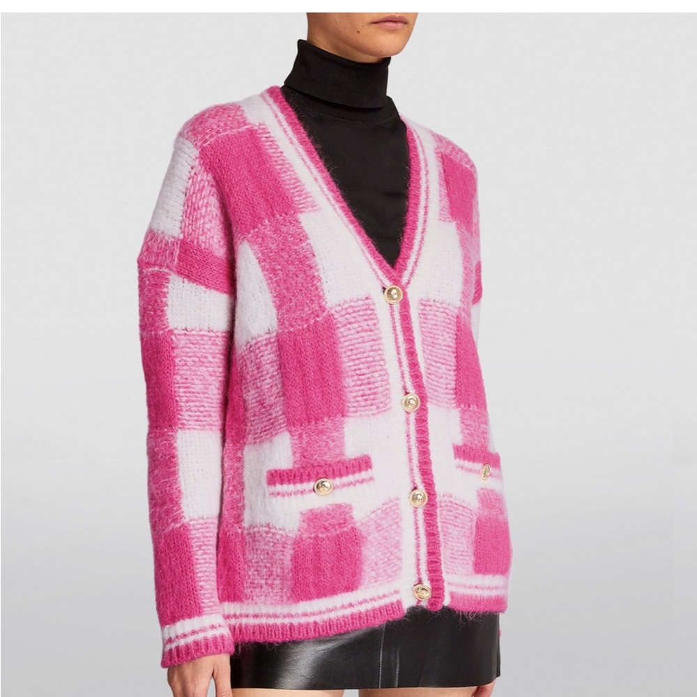 MAJE pink and white checked Jacquard Cardigan